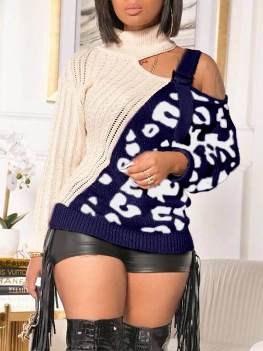 

Lovely Stylish Patchwork Hollow-out Navy Blue Sweater
