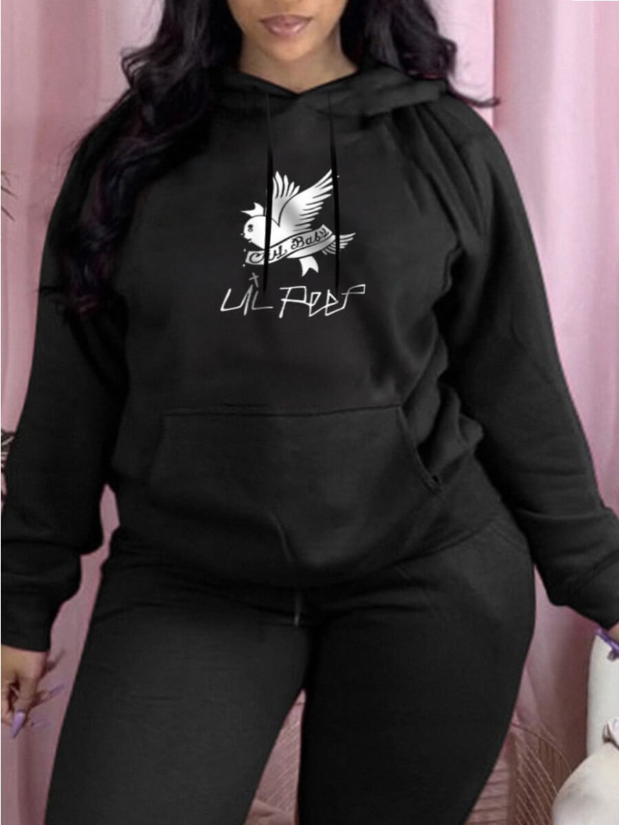 

Lovely Casual Hooded Collar Bird Print Black Hoodie
