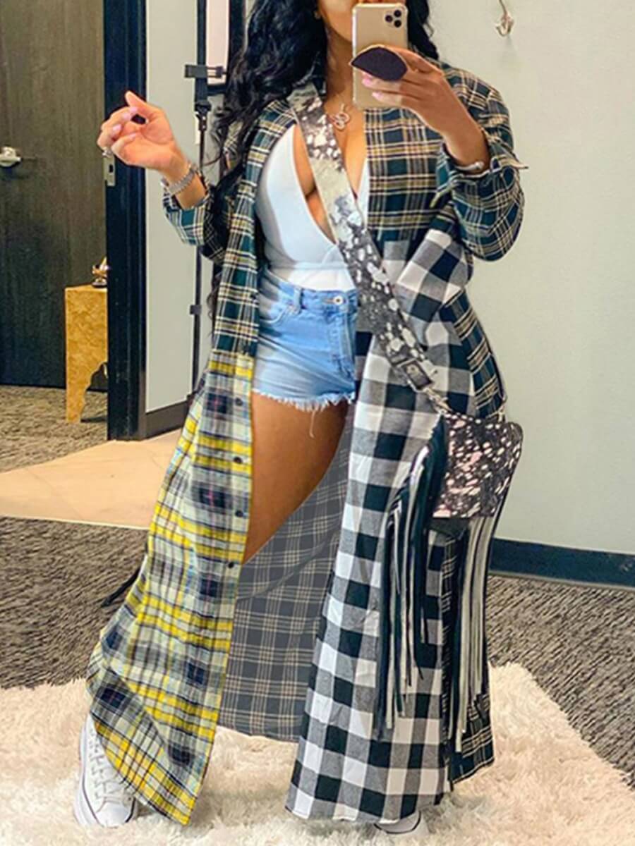 

LW BASICS Plus Size Plaid Print Patchwork Trench Coat, Multi