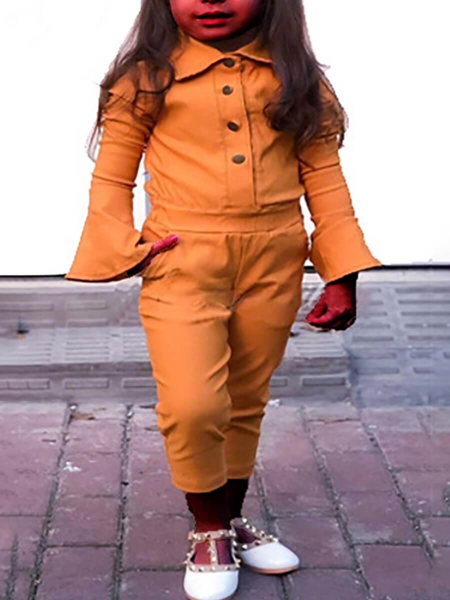 

Lovely Casual Flared Button Design Yellow Girl One-piece Jumpsuit