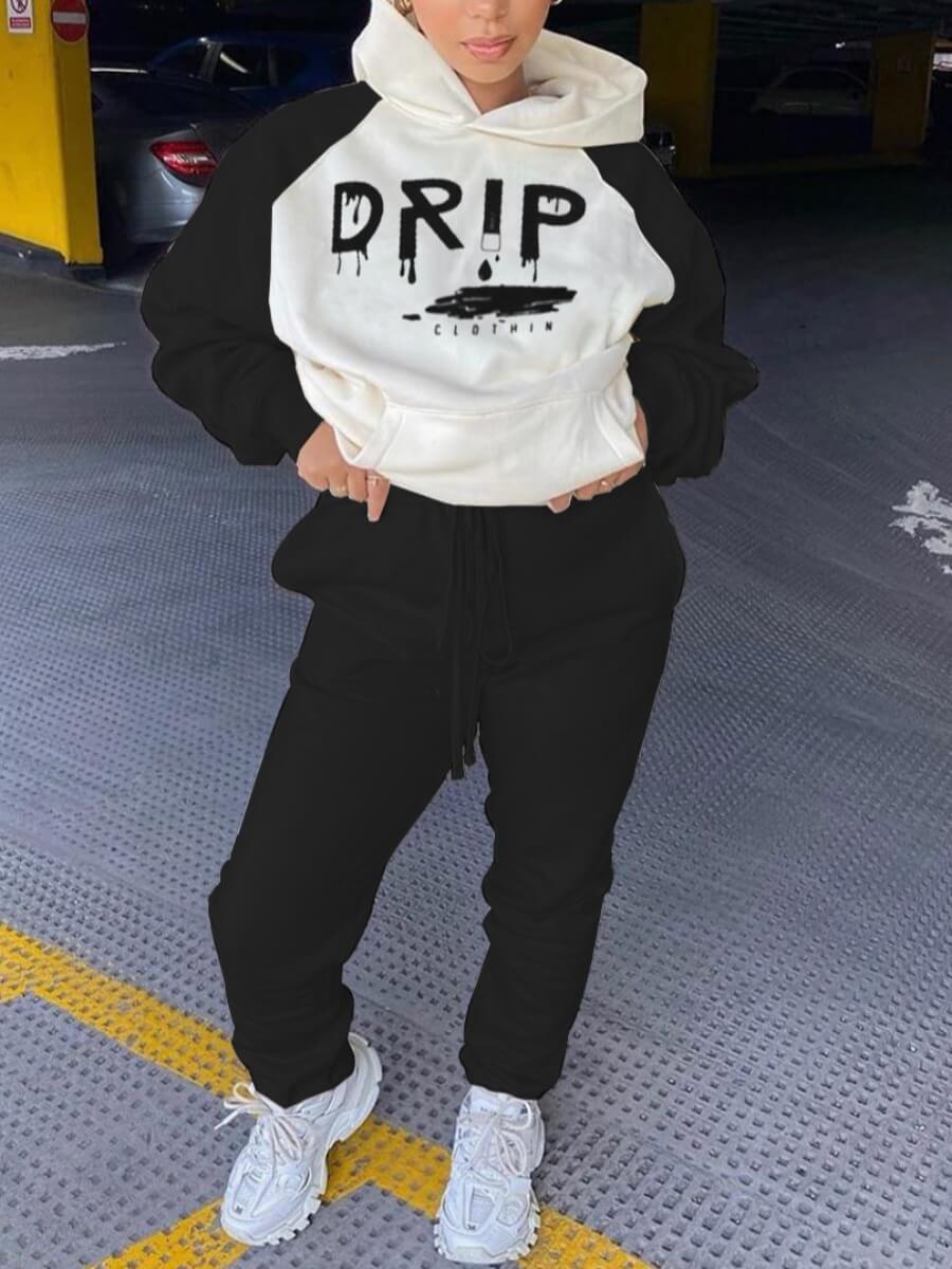 

Lovely Casual Letter Print Patchwork Black Two Piece Pants Set