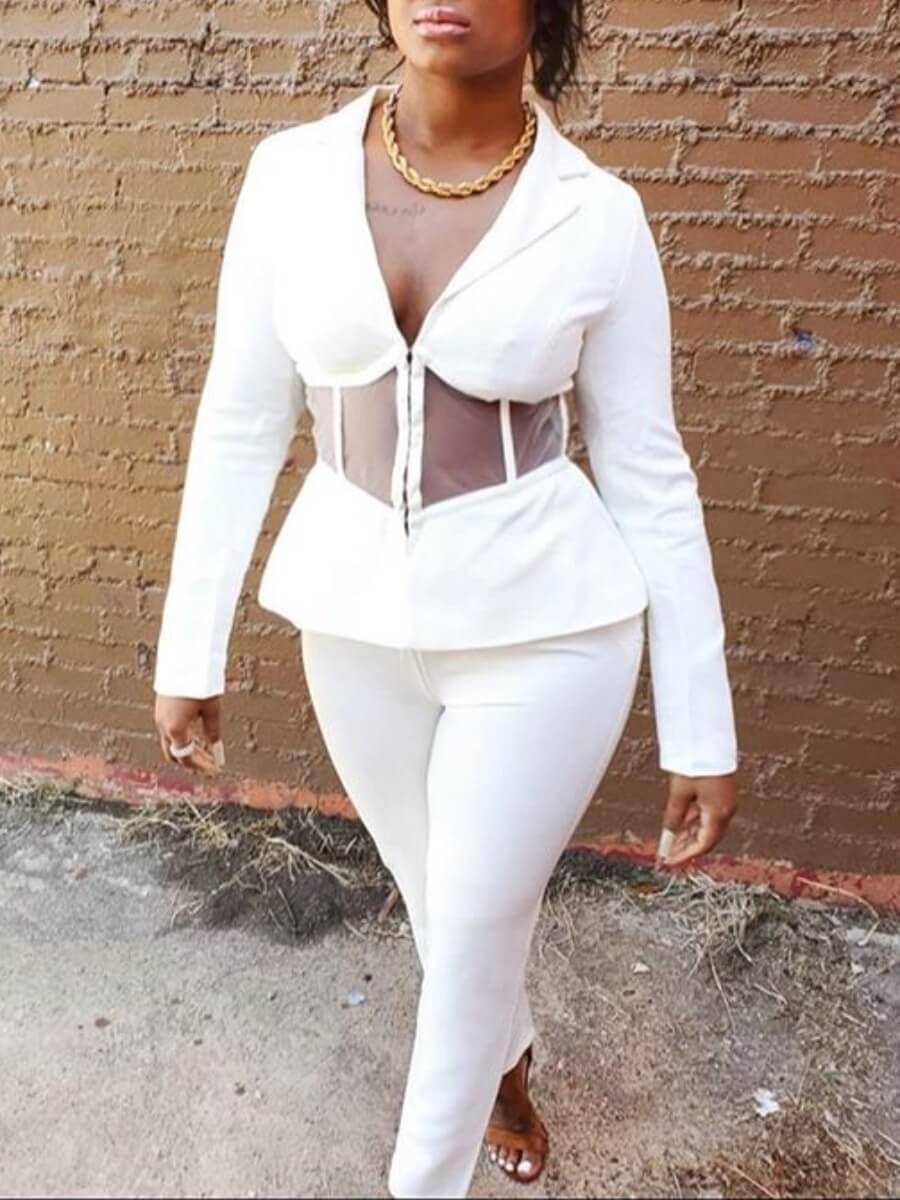 

LW Work V Neck Patchwork See-through White Two Piece Pants Set