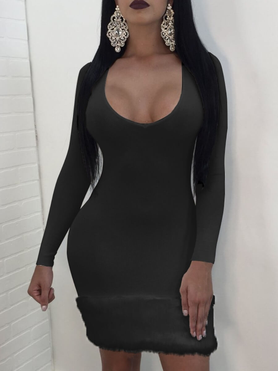 

Lovely Casual U Neck Long Sleeve Black Mini Dress