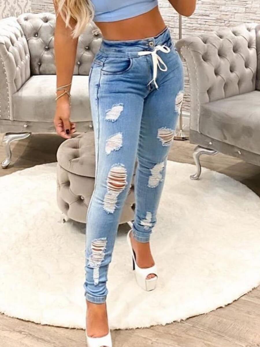 

Lovely Street High-waisted Broken Holes Baby Blue Jeans