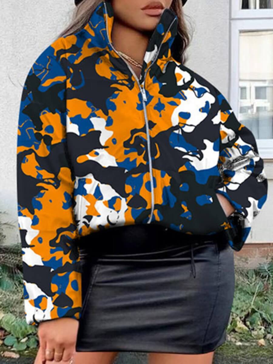 

Lovely Street Tie-dye Print Zipper Blue Parka
