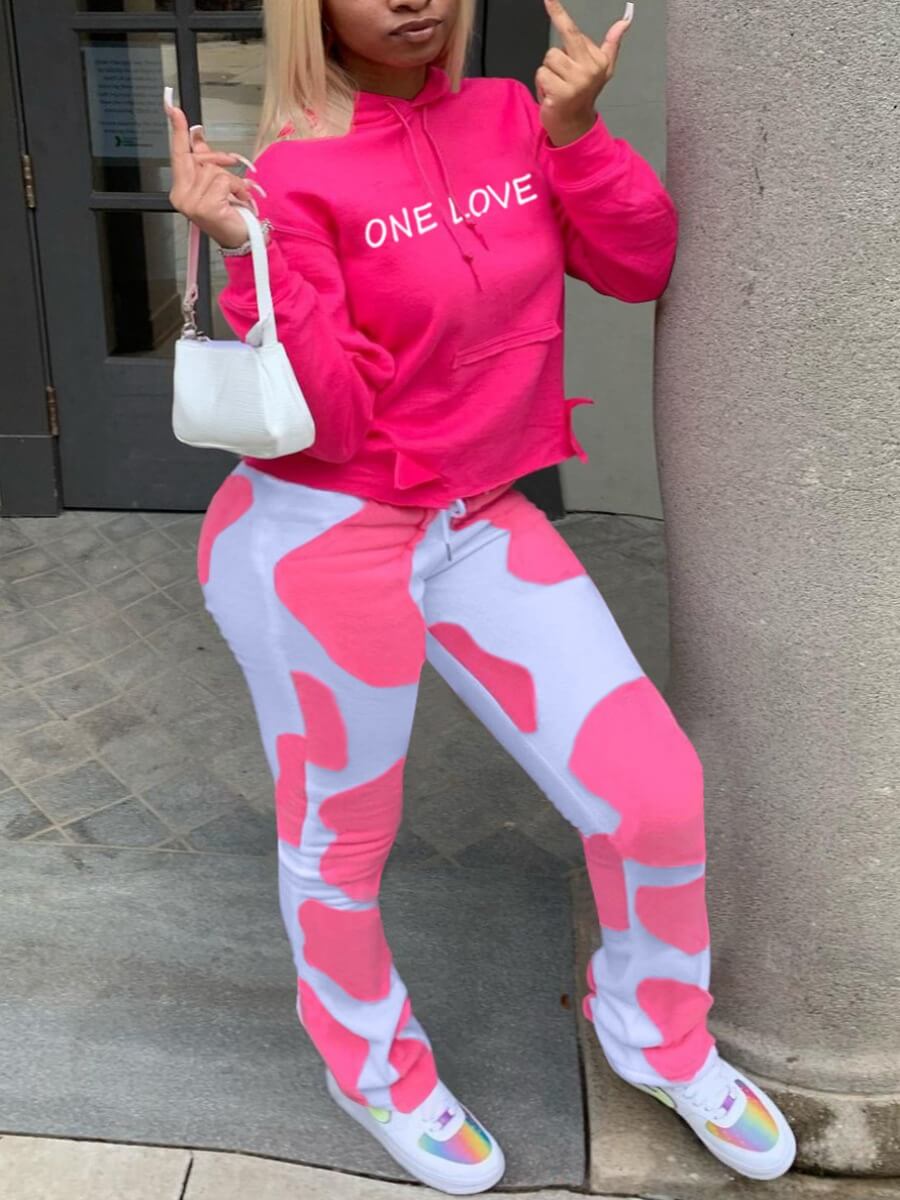 

Lovely Street Hooded Collar Letter Print Pink Two Piece Pants Set