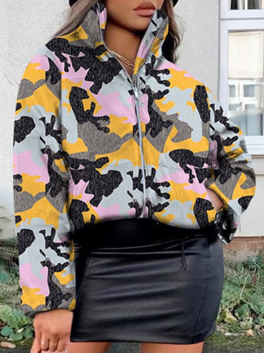 

Lovely Street Tie-dye Print Zipper Yellow Parka