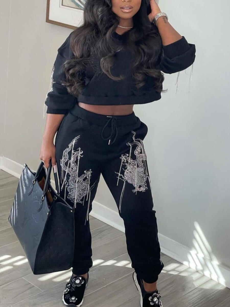 

Lovely Casual Dropped Shoulder Sleeve Print Black Two Piece Pants Set