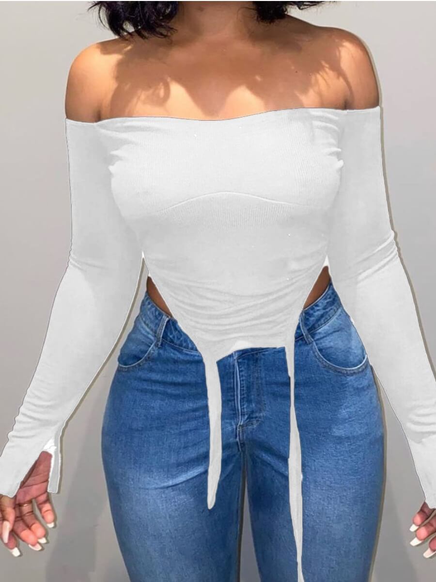 

Lovely Casual Off The Shoulder Asymmetrical White T-shirt