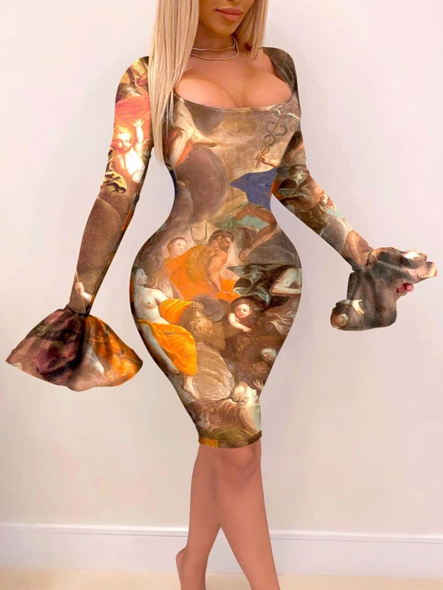 

Lovely Casual Flare Sleeve Print Brown Knee Length Dress