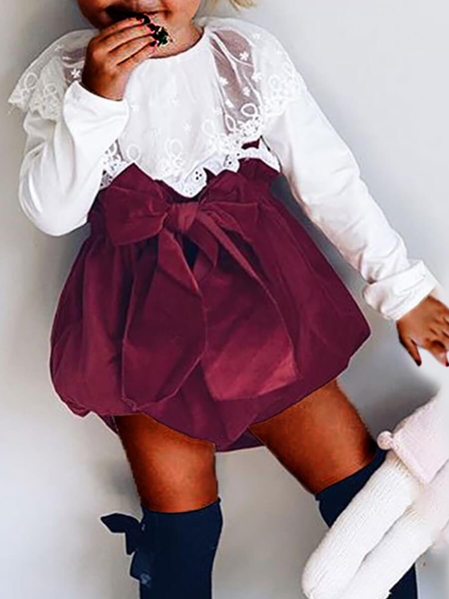 

Lovely Sweet O Neck Lace Patchwork Wine Red Girl Two Piece Shorts Set