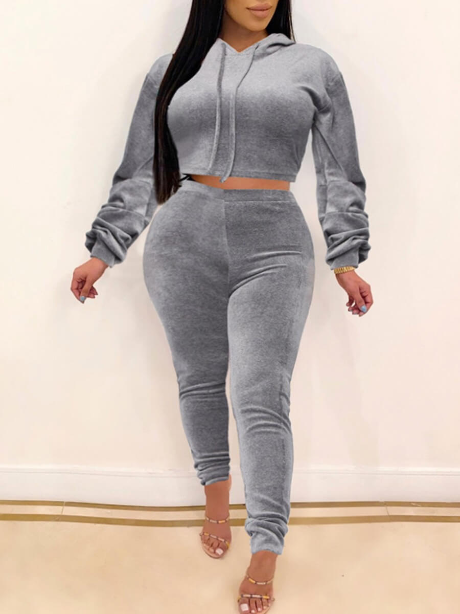 

Lovely Casual Hooded Collar Fold Design Grey Two Piece Pants Set