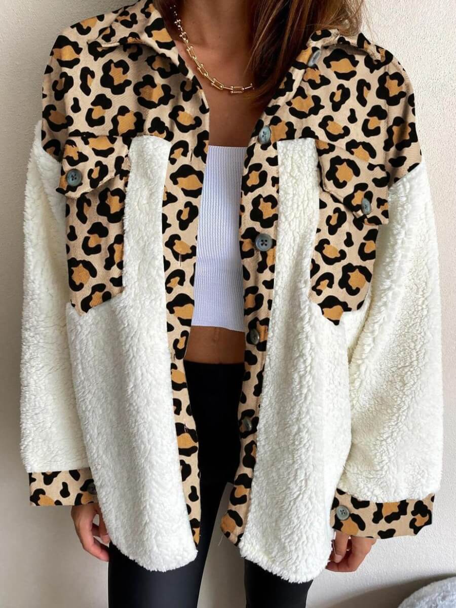 

Lovely Casual Dropped Shoulder Sleeve Leopard Print Stitching Faux Fur