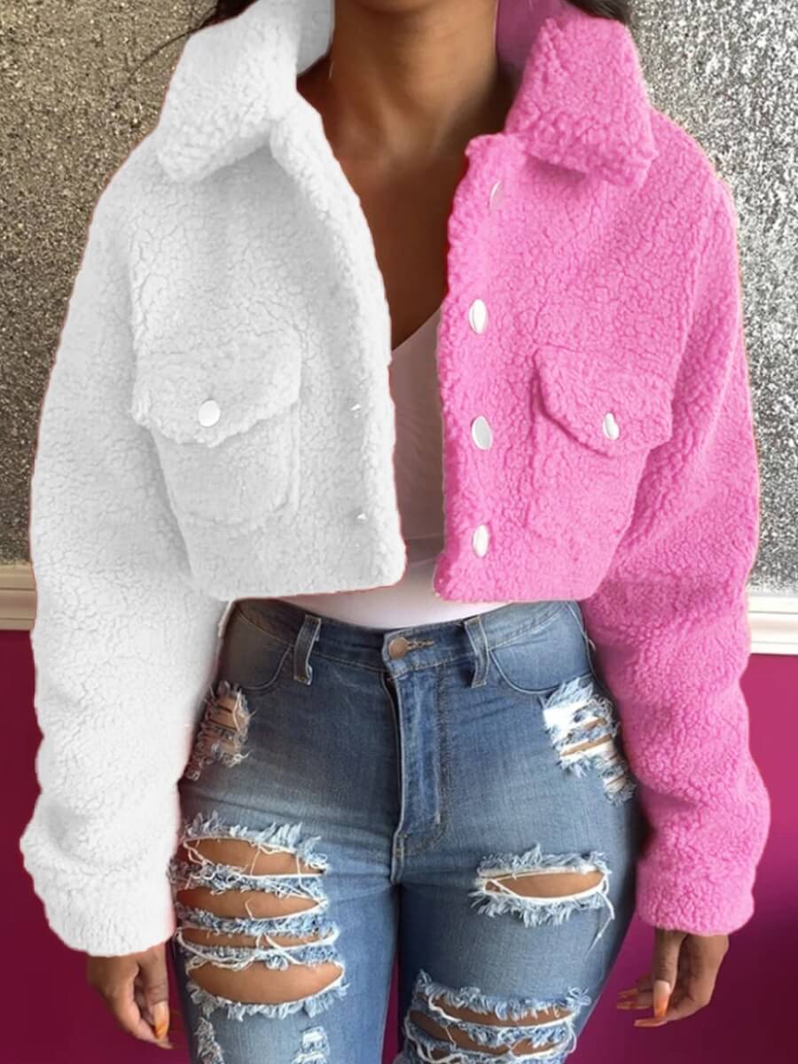 

LW Casual Turndown Collar Patchwork Button Design White Faux Fur