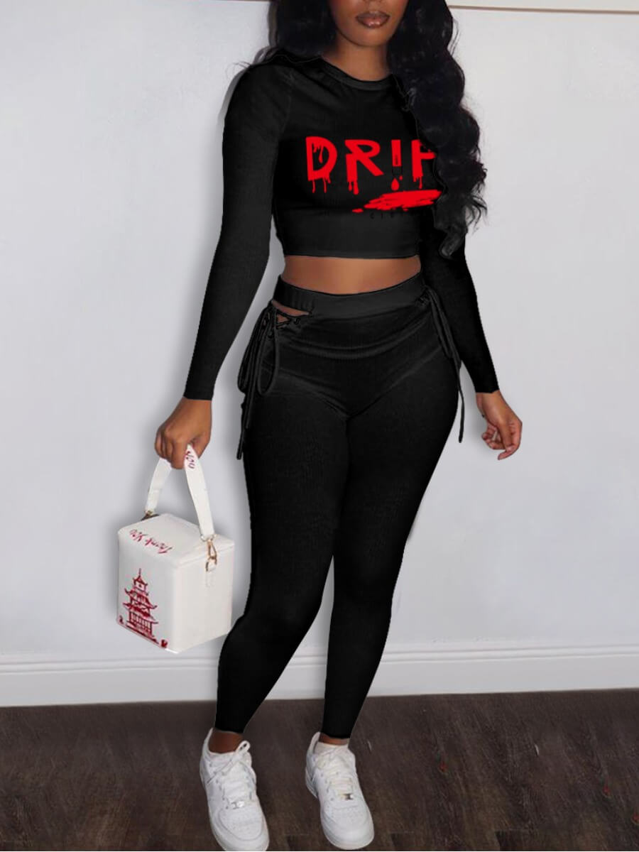 

Lovely Casual Letter Print Lace-up Hollow-out Black Two Piece Pants Set
