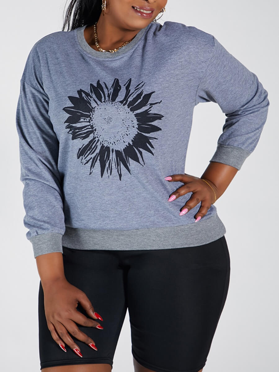 

Lovely Casual O Neck Print Grey Plus Size Hoodie