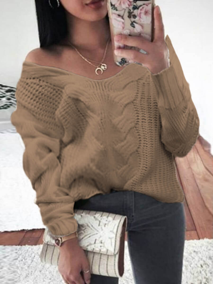 

Lovely Leisure V Neck Loose Khaki Sweater