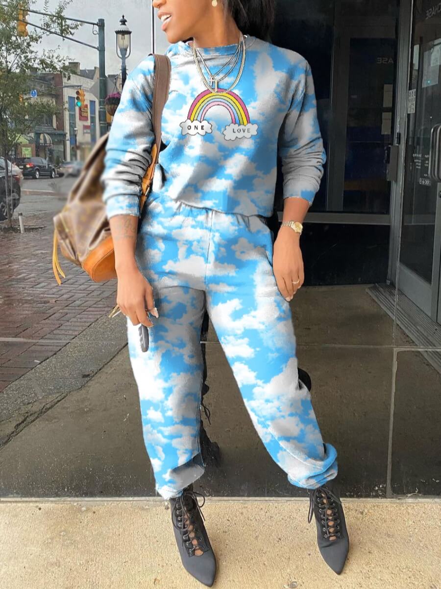 

Lovely Casual Rainbow Print Tie Dye Blue Two Piece Pants Set