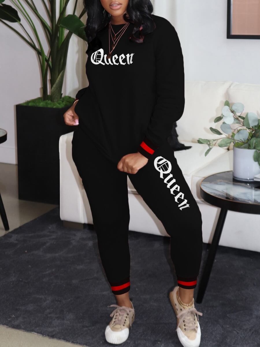

Lovely Street Letter Print Patchwork Black Two Piece Pants Set