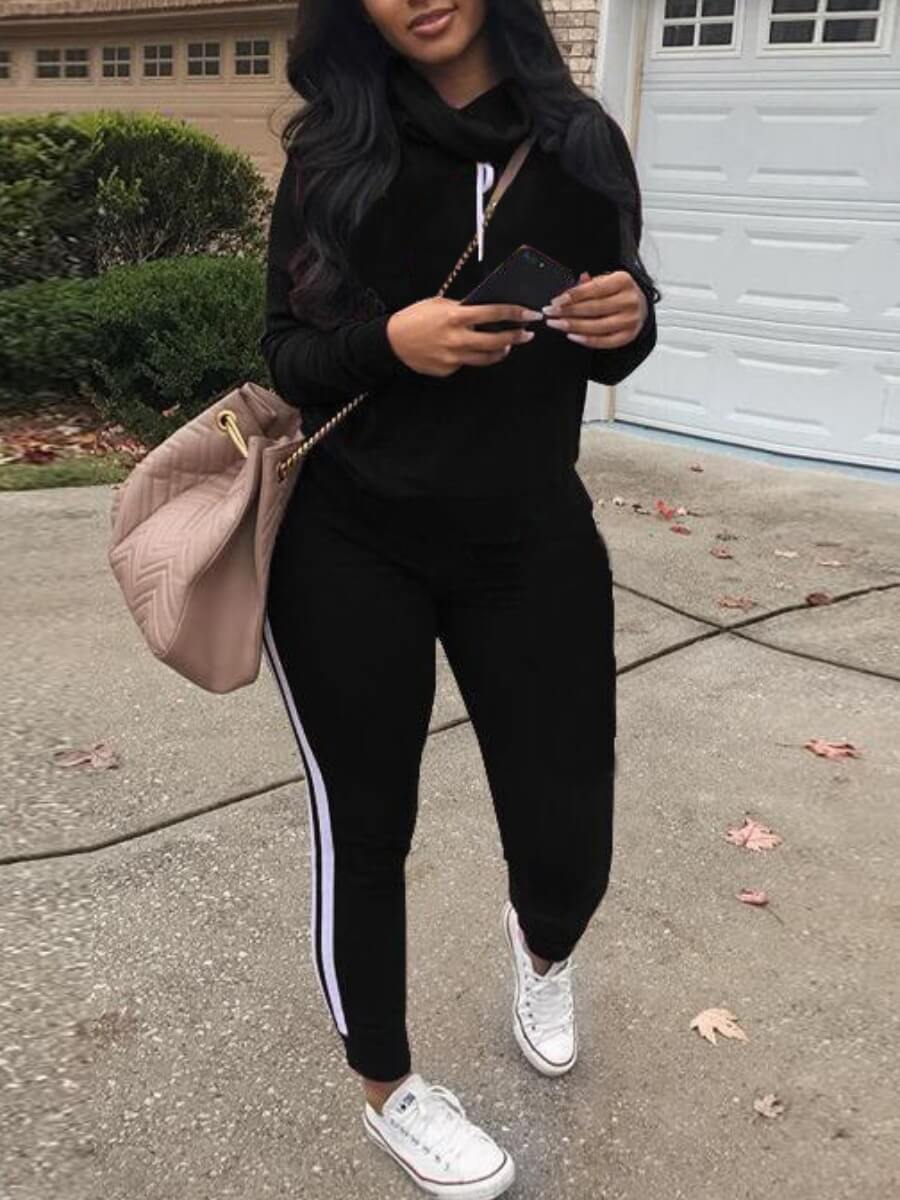 

Lovely Sportswear Striped Patchwork Black Two Piece Pants Set