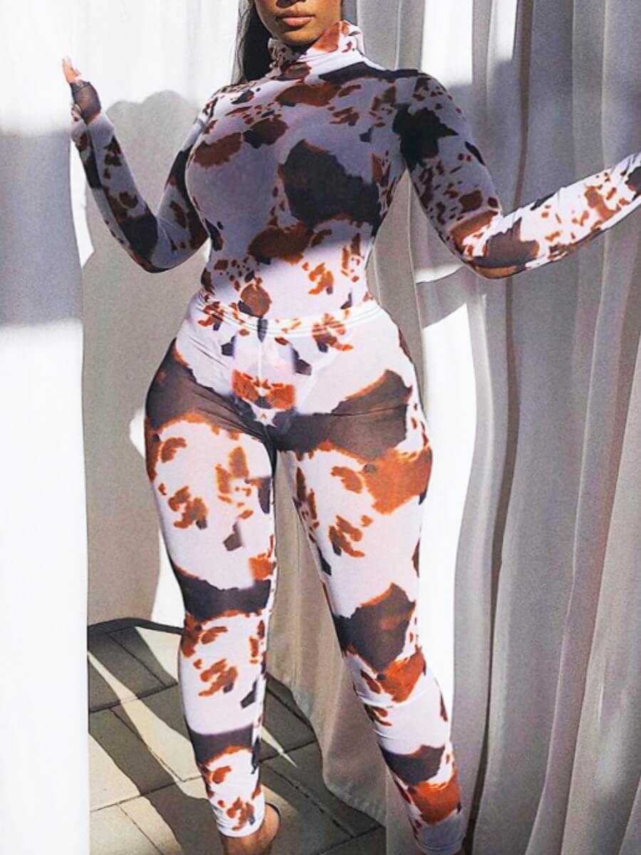

Lovely Casual Turtleneck Print Patchwork White Two Piece Pants Set