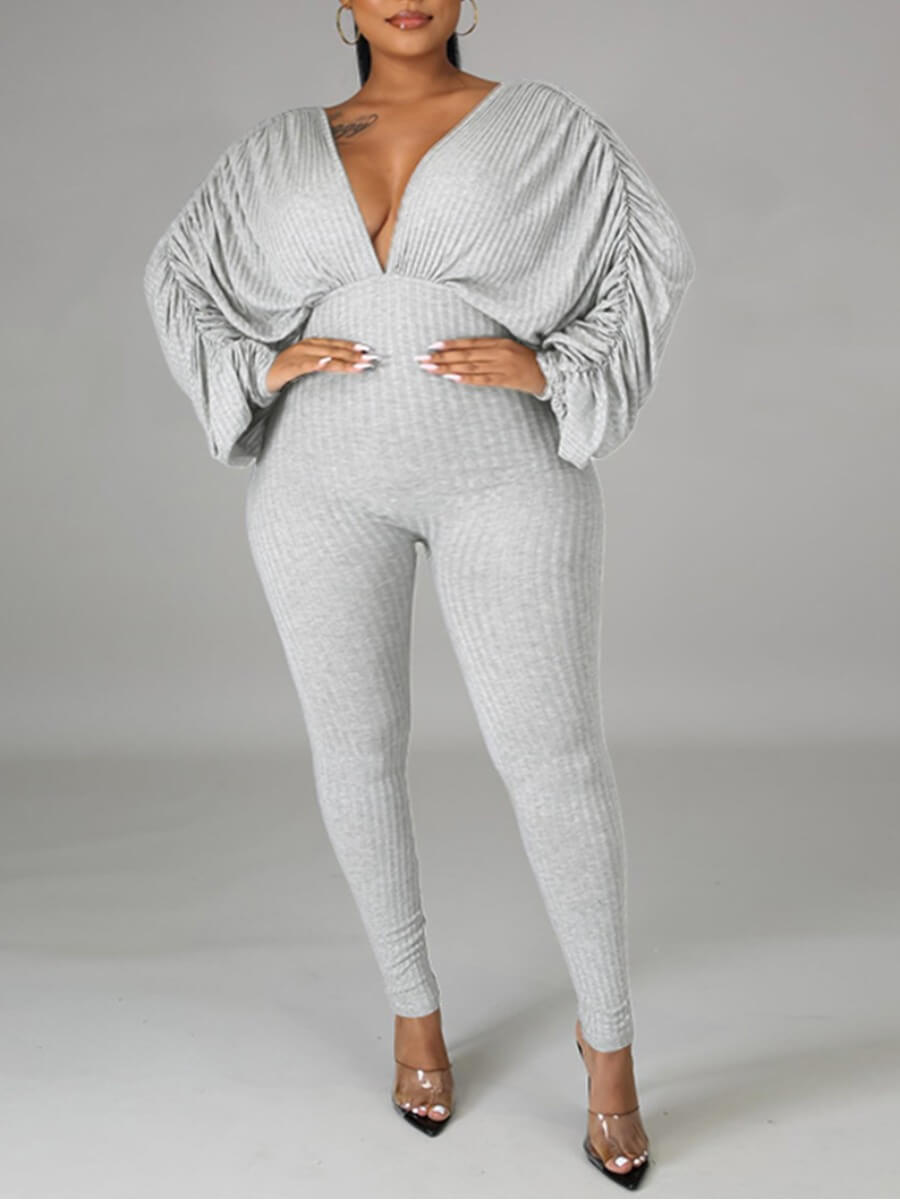 

Lovely Casual V Neck Grey Plus Size One-piece Jumpsuit