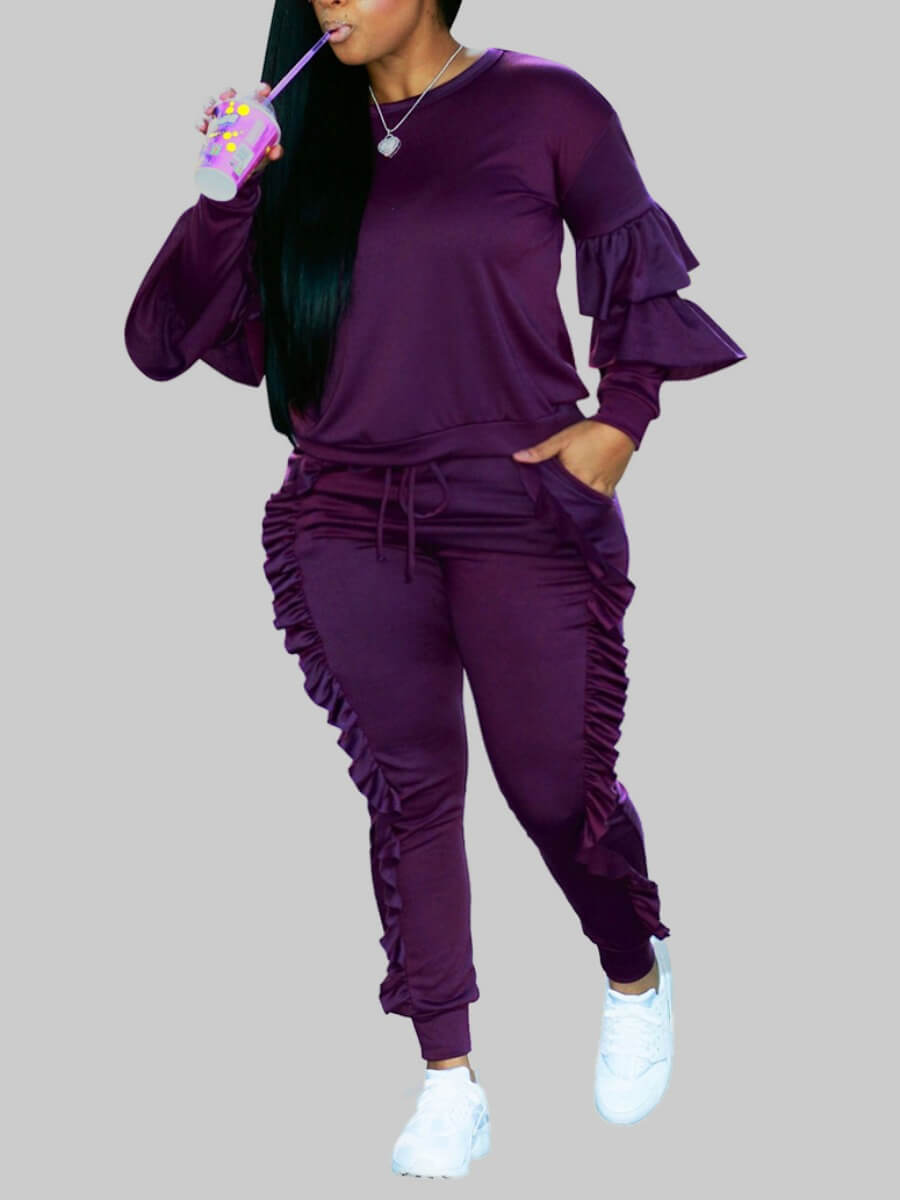 

Lovely Casual O Neck Long Sleeve Ruffle Design Purple Plus Size Two-piece Pants Set