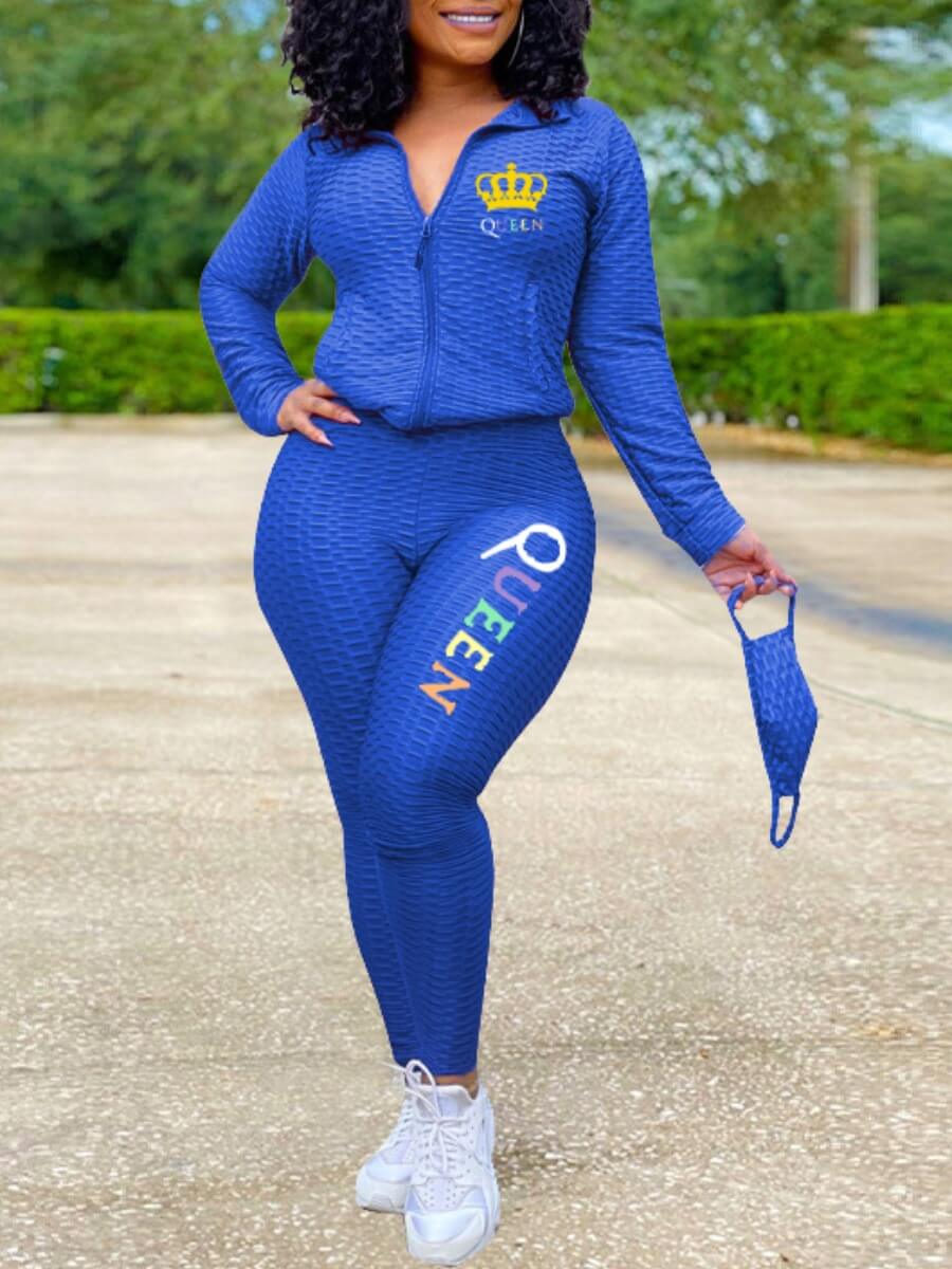 

Lovely Sportswear Letter Print Zipper Design Blue Two Piece Pants Set(Without Mask