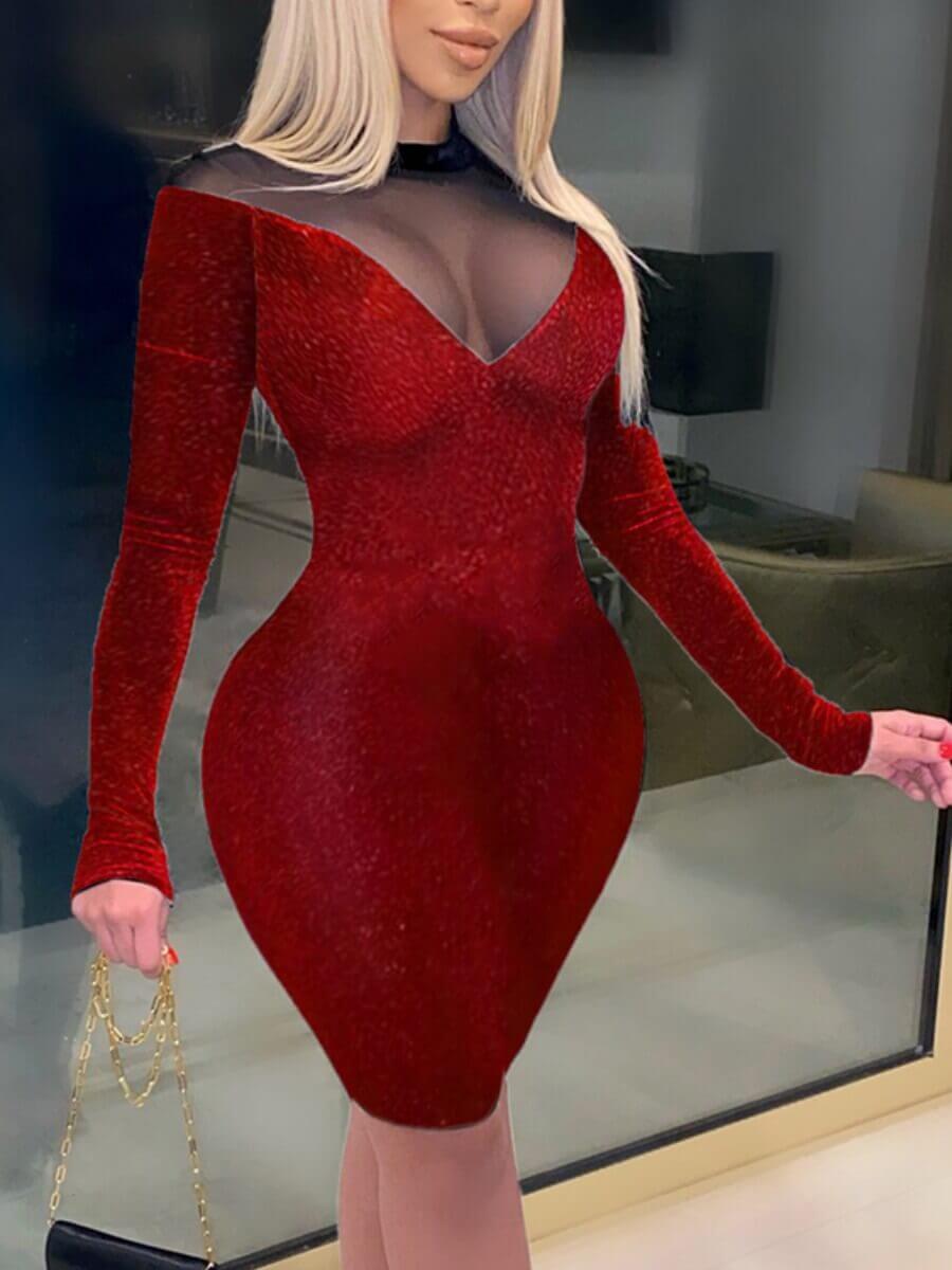 

Lovely Sexy O Neck Mesh Patchwork See-through Red Knee Length Dress