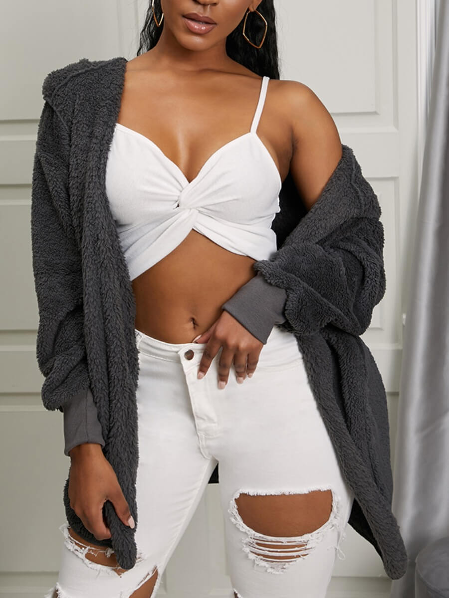 

Lovely Casual Hooded Collar Pocket Design Grey Faux Fur