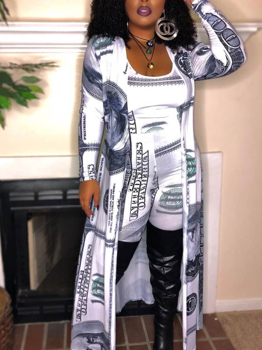 

Lovely Street Money Print Patchwork White Trench Coat