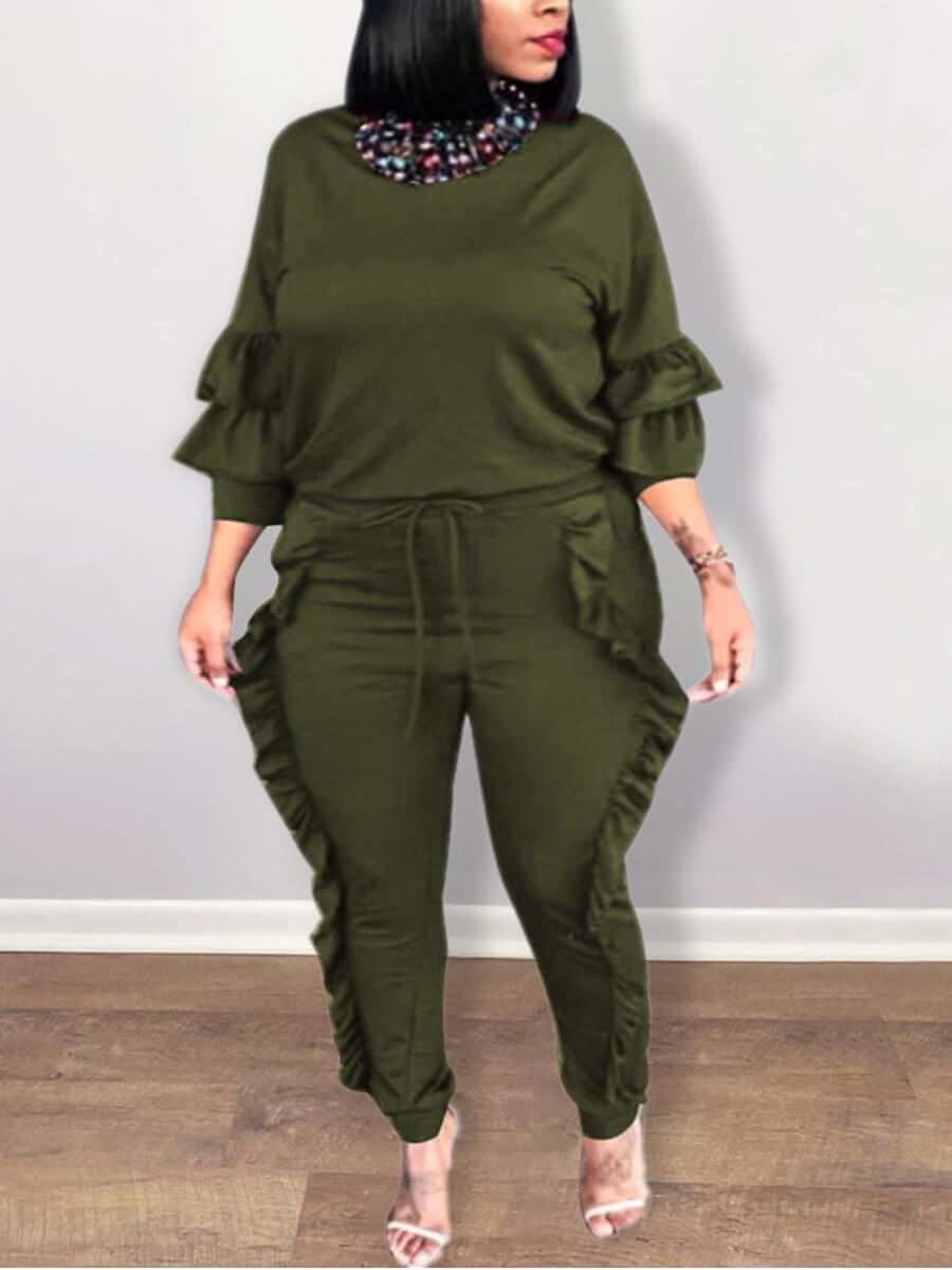 

Lovely Trendy Flounce Design Drawstring Army Green Plus Size Two-piece Pants Set