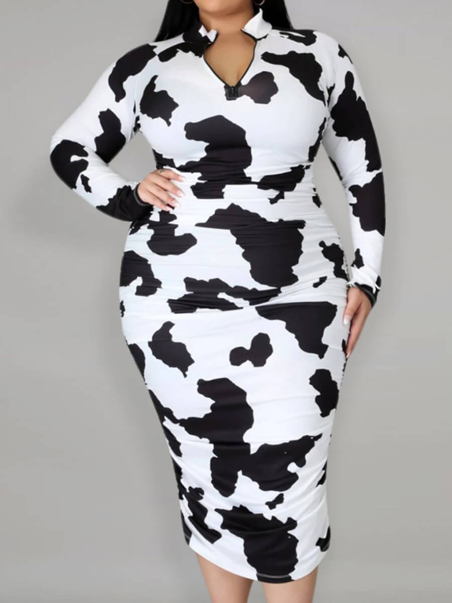 

Lovely Casual Print Patchwork Black Mid Calf Plus Size Dress