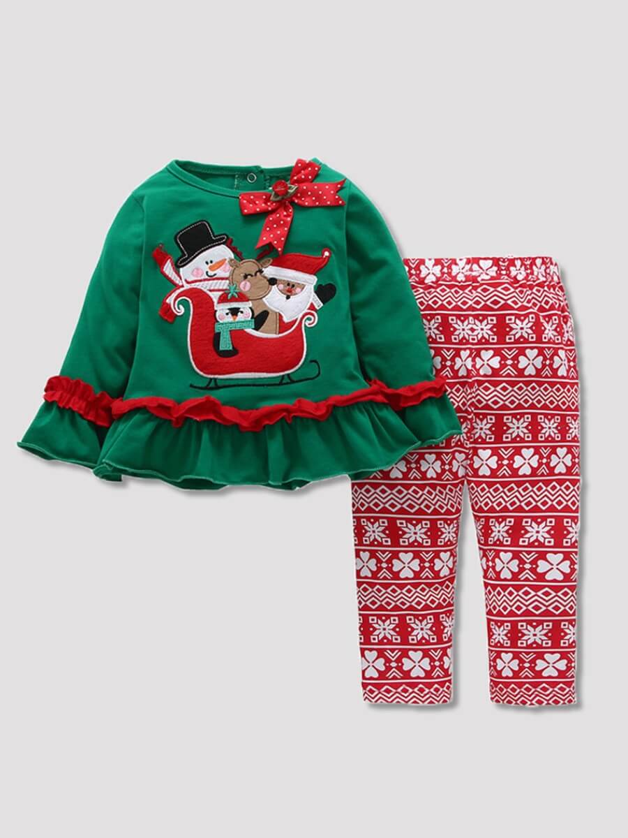 

Lovely Trendy Christmas Day Cartoon Print Green Girl Two Piece Pants Set