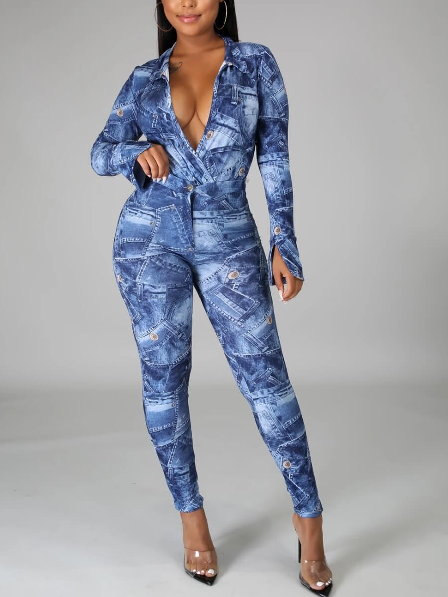 

Lovely Casual Turndown Collar Tie-dye Print Blue Two Piece Pants Set