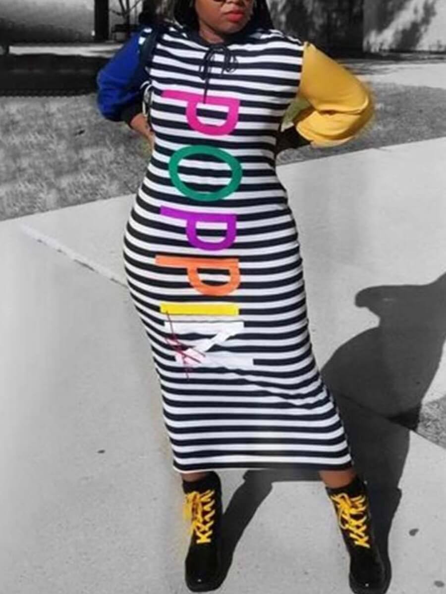 

Lovely Casual Hooded Collar Striped Letter Print White Mid Calf Dress