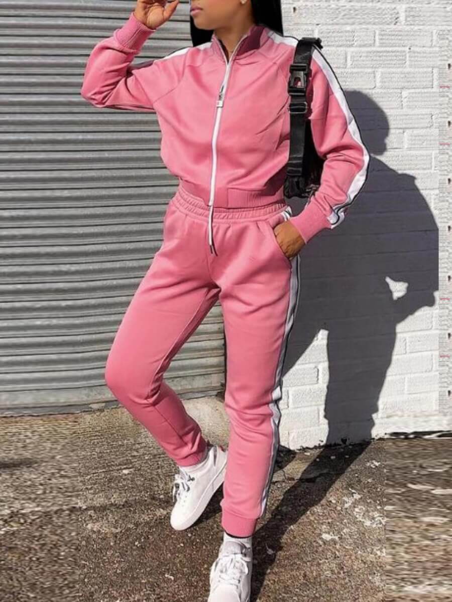 

Lovely Sportswear Striped Patchwork Pink Two Piece Pants Set