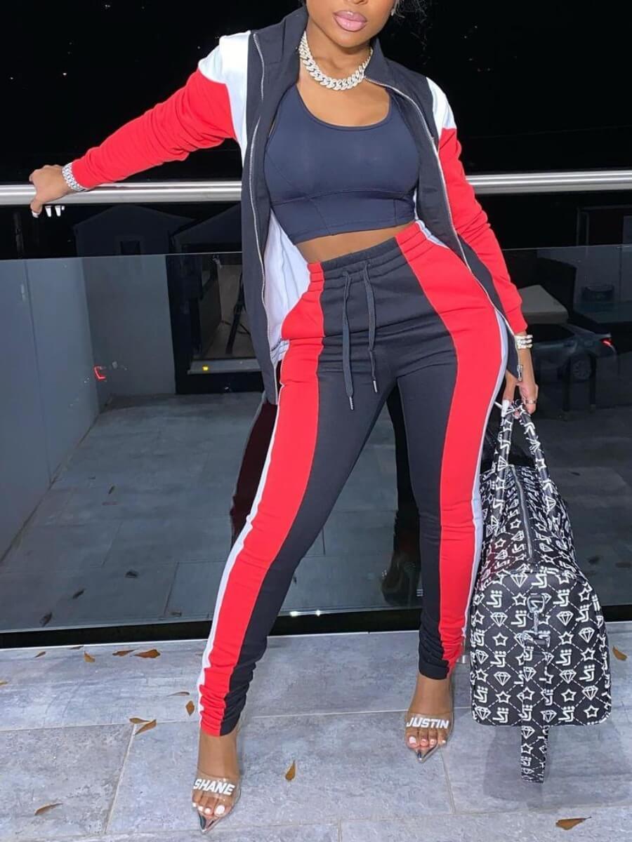 

Lovely Sportswear Striped Patchwork Red Two Piece Pants Set(Without Inner Top