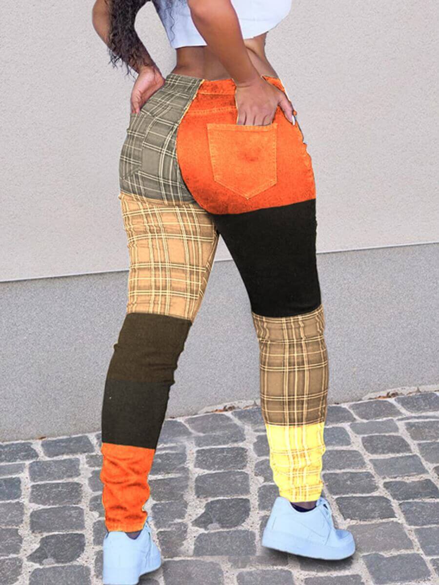 

Lovely Casual Mid Waist Plaid Patchwork Yellow Pants