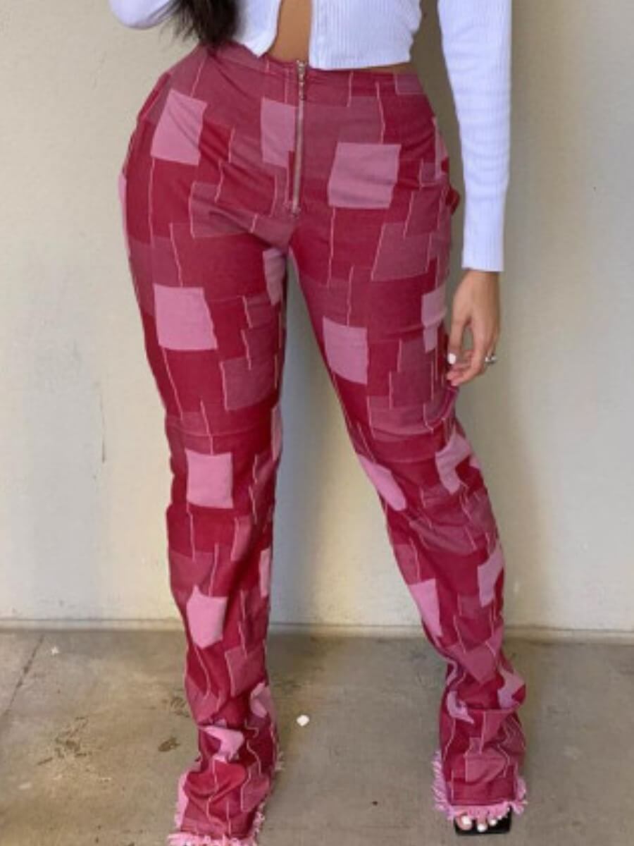 

Lovely Leisure Elastic Waist Print Zipper Design Wine Red Pants