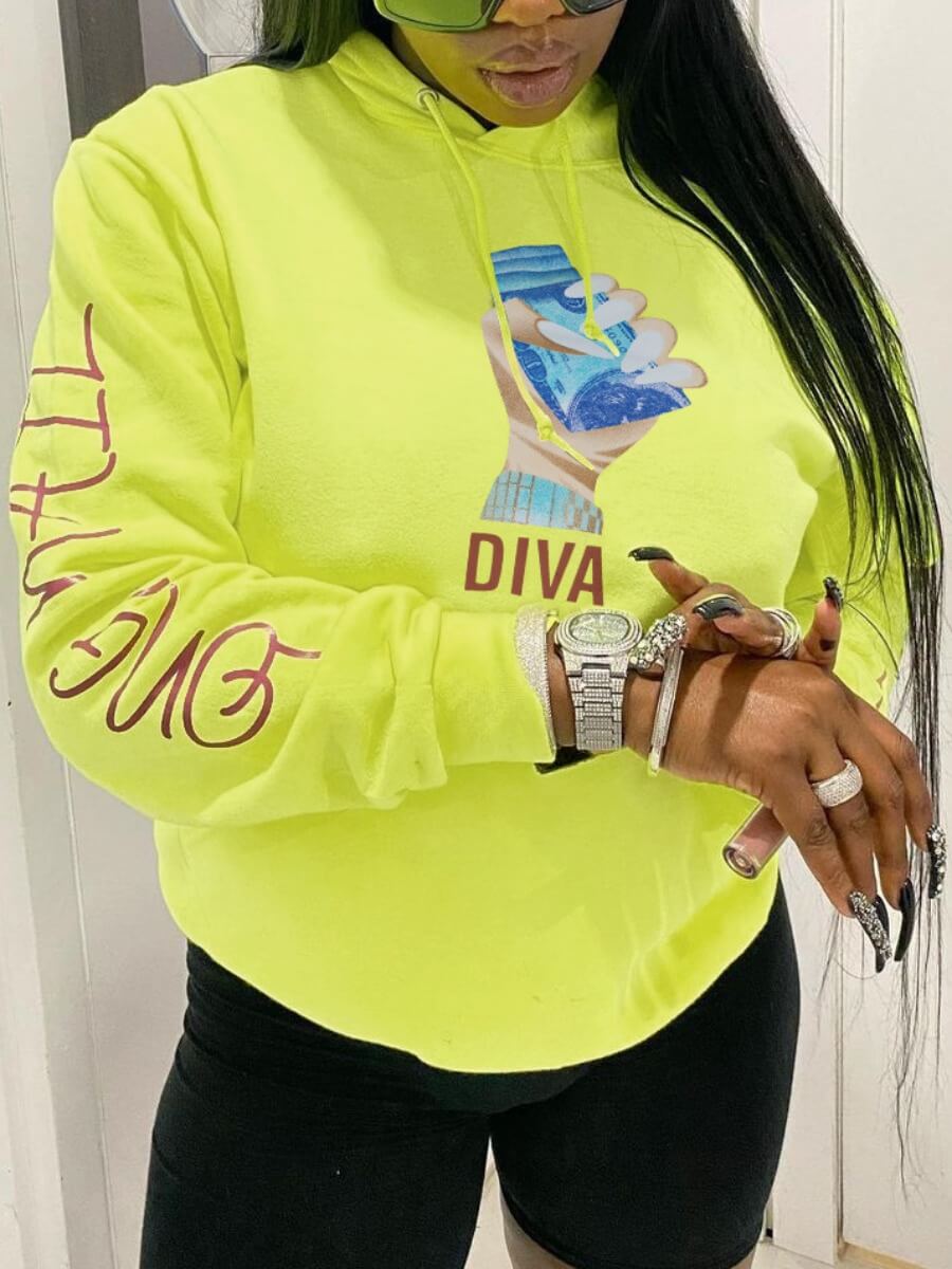 

Lovely Casual Hooded Collar Print Yellow Hoodie