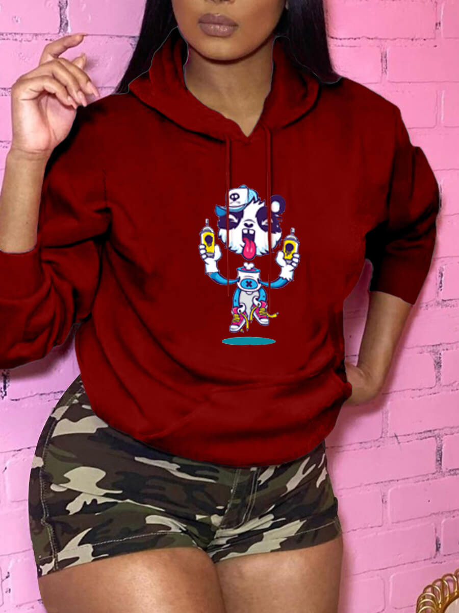 

Lovely Casual Cartoon Print Kangaroo Pocket Red Hoodie