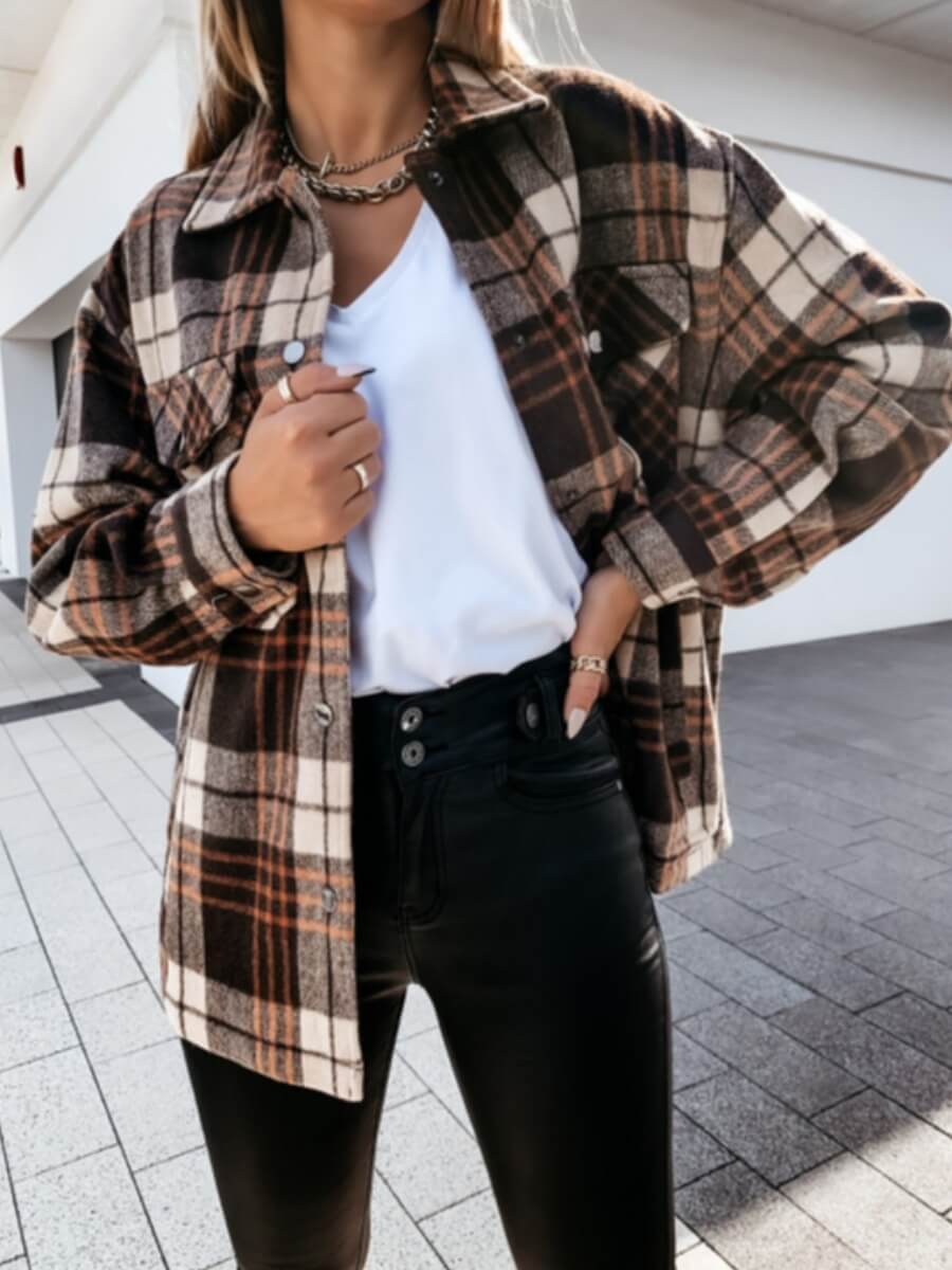 

Lovely Casual Dropped Shoulder Sleeve Plaid Brown Coat