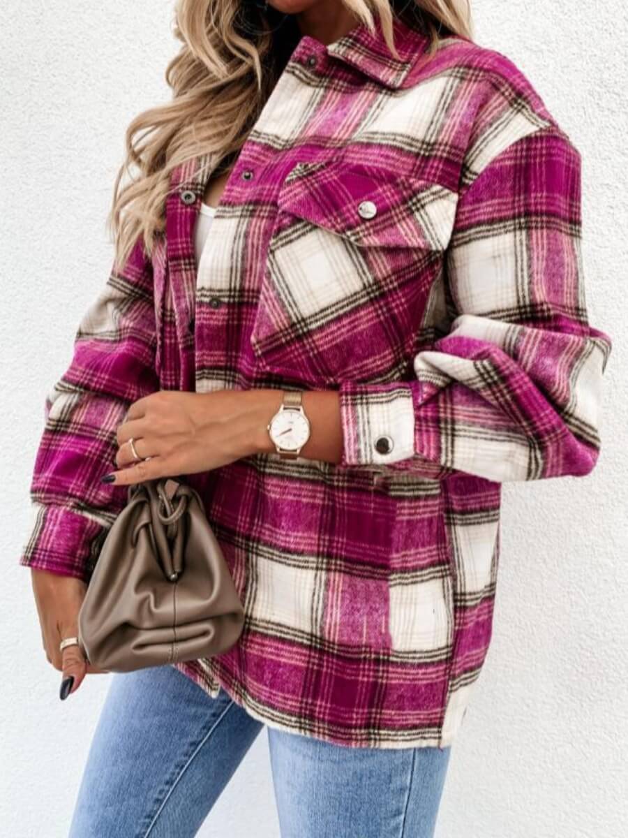 

Lovely Casual Dropped Shoulder Sleeve Plaid Rose Red Coat