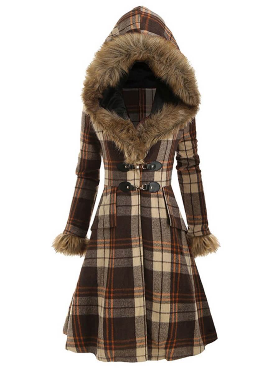 

Lovely Casual Hooded Collar Plaid Print Khaki Woolen Coat