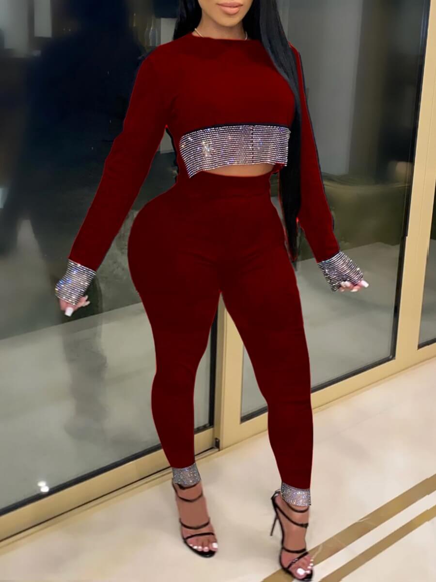 

Lovely Party O Neck Patchwork Red Two Piece Pants Set