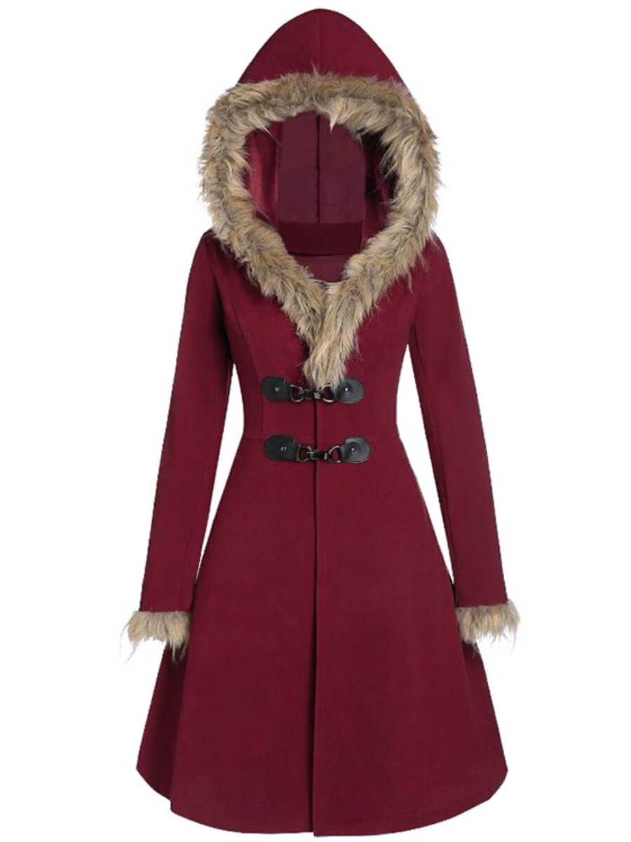 

Lovely Casual Hooded Collar Buttong Design Wine Red Woolen Coat