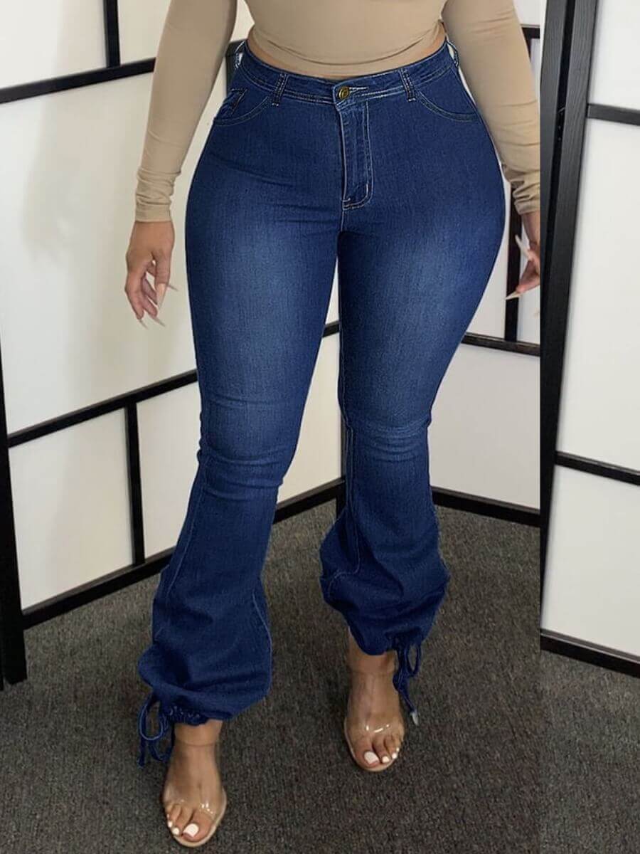 

Lovely Casual High-waisted Flared Design Deep Blue Plus Size Jeans
