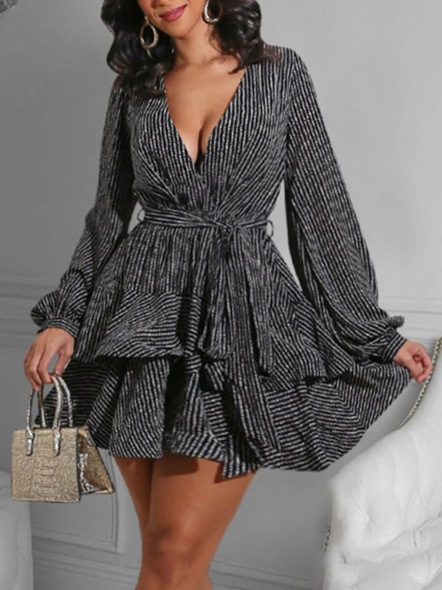 

Lovely Sweet Lace-up Layered Cascading Black Mini A Line Plus Size Dress