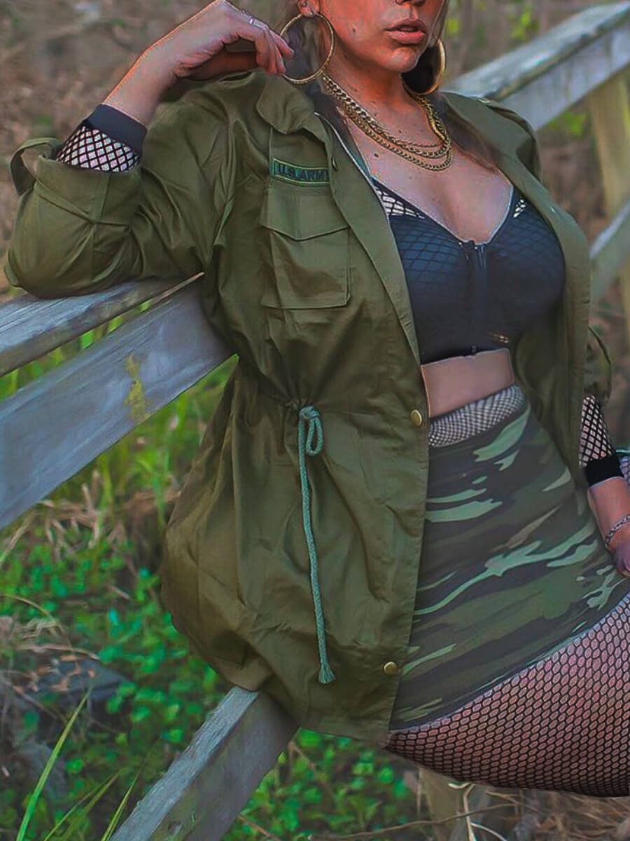 

Lovely Casual Drawstring Pocket Design Green Plus Size Jacket